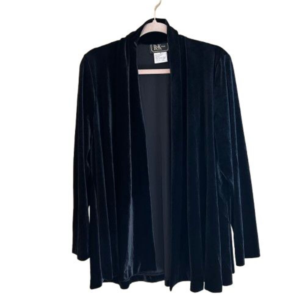 R&K Evening Black Velvet Open Front Jacket Cardigan Size 14 Stretchy Holiday